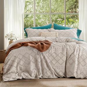 Bedsure Boho Duvet Cover Queen Size - Beige Breathable & Soft Boho Bedding, Machine Washable Comforter Cover for All Seasons, Includes 1 Duvet Cover 90"x90" with 2 Pillow Shams & Zipper Closure