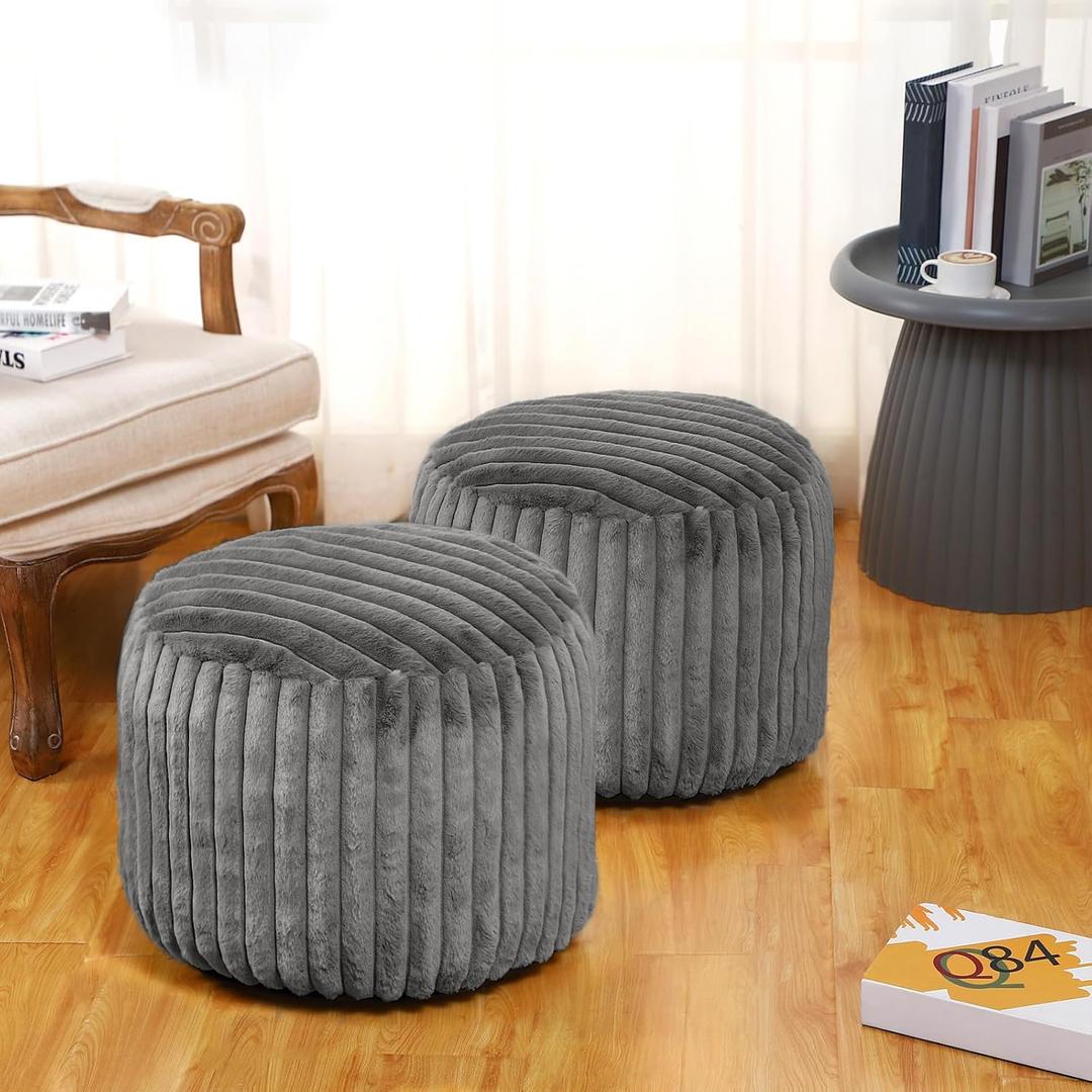 Teenyyou 2 Pcs 20 x 15 Inch Unstuffed Pouf Cover Ottoman Foot Rest - No Filler, Faux Rabbit Fur Foot Stool Floor Bean Bag Floor Chair Storage for Living Room Bedroom Home Decor(Gray)