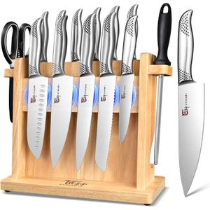 Japanese Knives Set for Kitchen, Magnetic Knife Set with Block and Sharpener, Stainless Steel Knife Set as Gift for Couple, Wedding, Women or Mom with Gift Box, 14 PCS Black Dot