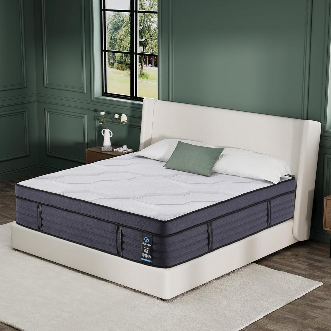 Suiforlun Queen Mattress, 15 Inch Hybrid Charcoal Gel Memory Foam Mattress with Edge Support Pocket Coils, Cooler Sleep, Back Pain Relief, Fiberglassfree Medium-Plush (Grey)