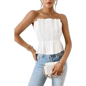 SweatyRocks Women's Strapless Pleated Tube Top Elegant Summer Flare Hem Crop Tank Tops, Size  L
