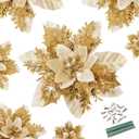 Christmas Tree Decor-18 Pcs 5.5" Poinsettias Artificial Christmas Flowers Picks with Clips Stems Xmas Ornaments for Christmas Wreaths Garland Home Party Decorations Gold