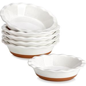 MALACASA Ceramic Mini Pie Pans Set of 6, 6 Inch Pie Plates for Baking with Ruffled Edge, Small Quiche Baking Dish Pans Tart Pans, Individual Pot Pie Plates, Microwave & Oven Safe, Khaki White