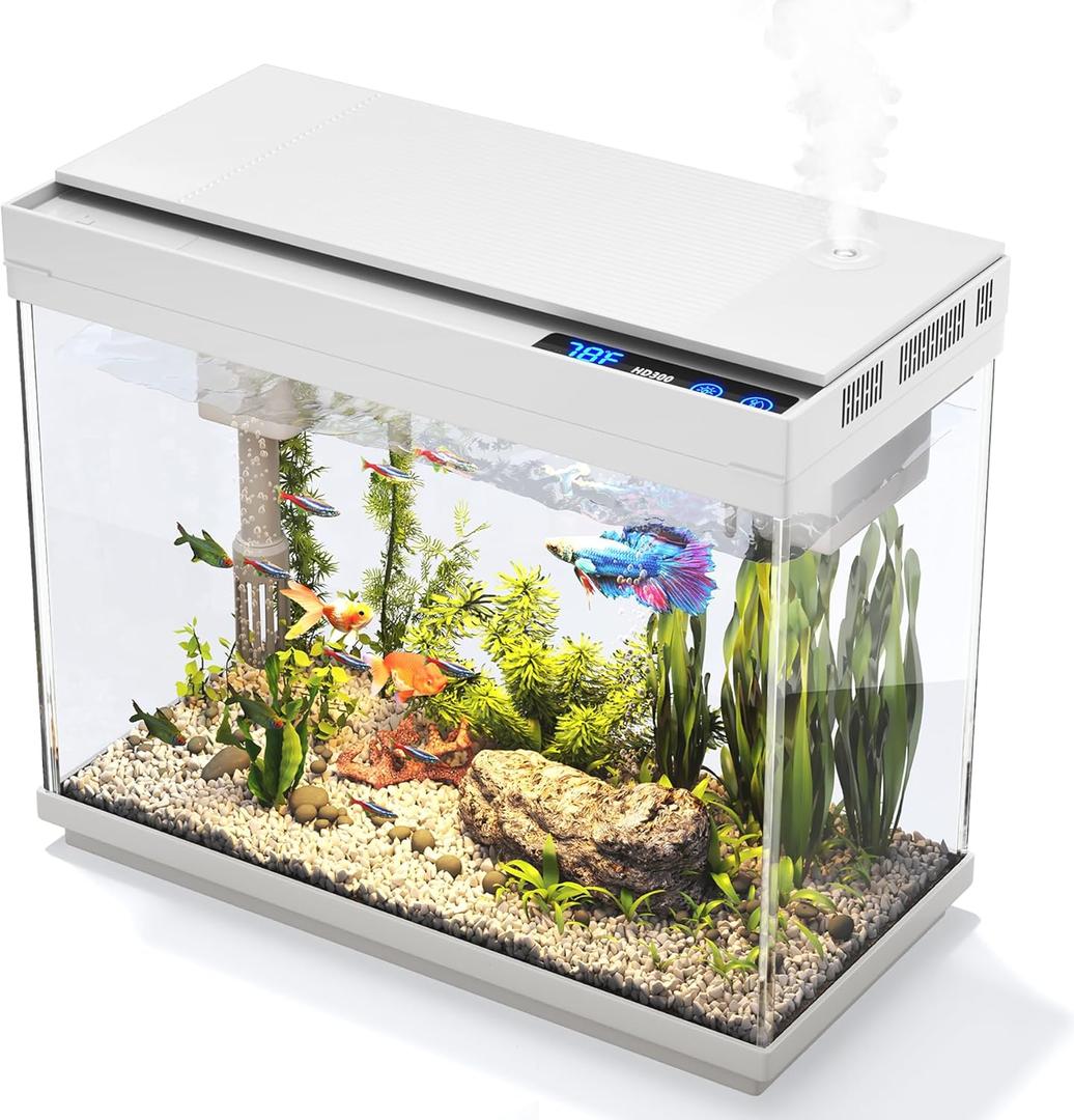 Vehipa Fish Tank 2.4 Gallon Aquarium Kit with Humidifier 7-Color Auto-Looping 3 in 1 Quiet Pump with Filteration & Oxygenation & Circulation, Temperature Display, HD Glass (White)