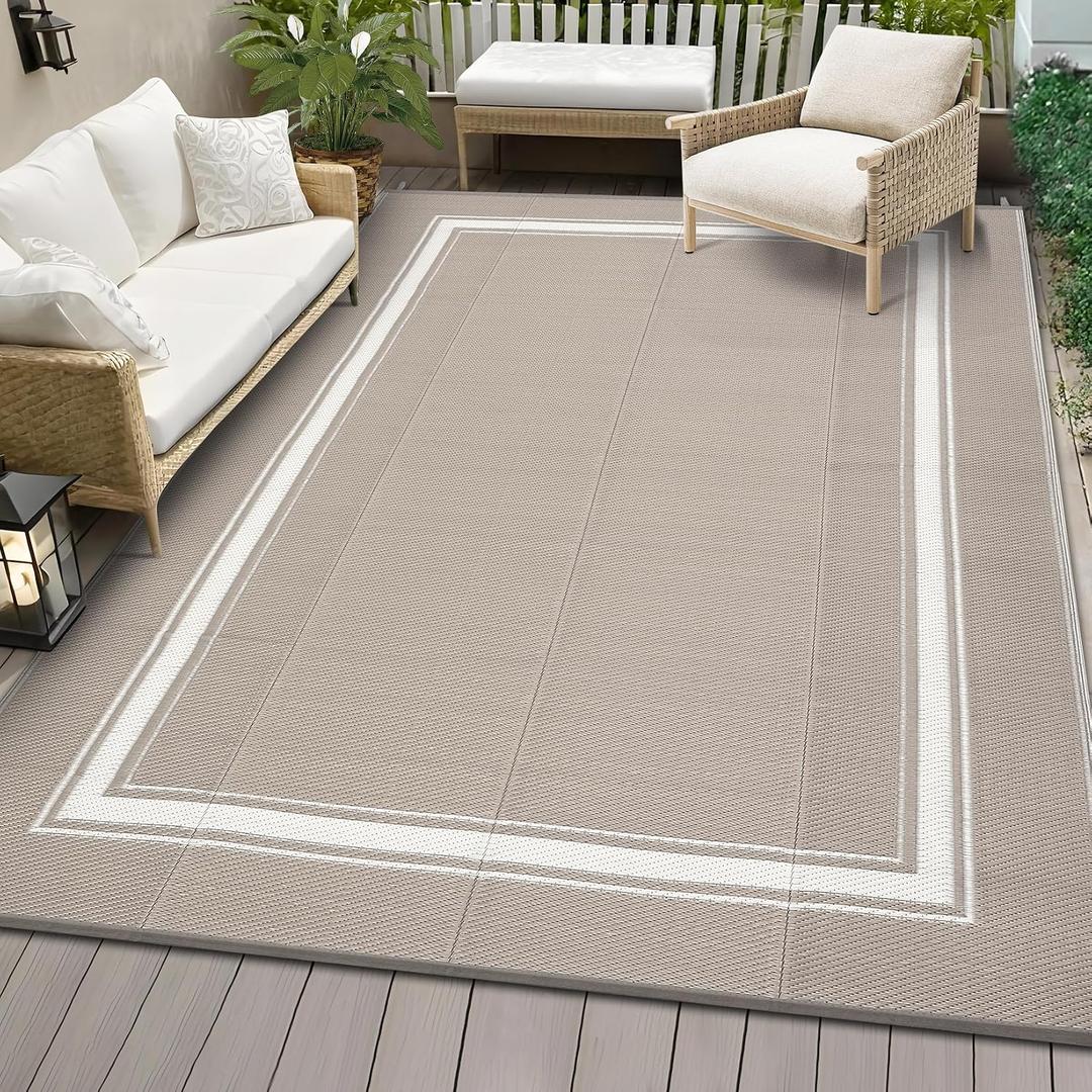 COZYLOOM Outdoor Plastic Straw Rug 9x12 UV Resistant Waterproof Patio Rug, Reversible RV Camping Mat with Portable Bag & 4 Stakes, Modern Bordered Outdoor Carpet for Balcony Deck Yard, Dusty Taupe