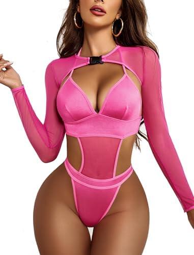 Avidlove Rave Outfits for Women Festival Sexy Lingerie Bodysuit Buckle Shrug Crop Top Set Size L (Rose Red)