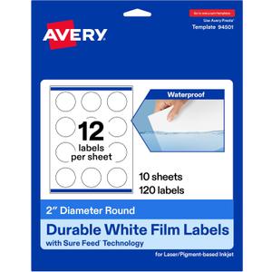 Avery Printable Durable White Round Labels, Sure Feed Technology, 2" Diameter, Print-to-the-Edge, Waterproof Labels, Laser & Pigment-Based Inkjet Compatible, 120 Total