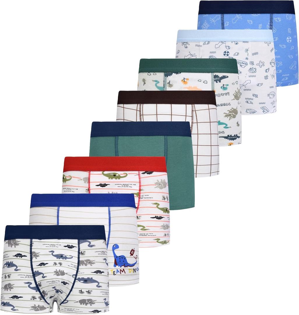 Boys Breathable Dinosaur Car Cotton Boxer Brief Underwear Sets (2-4T, Blue-8 Pack)