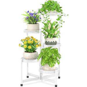iDavosic.ly 5 Tier Plant Stand for Indoor Outdoor, Folding Tiered Corner Flower Display Holder Shelf, Metal Tall Rack for House Patio Balcony Garden Living Room, Wrought Iron - White