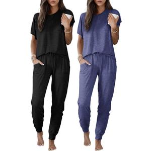 Ekouaer 2 pack Pajama Sets for Womens Jogger Pants Pjs Short Sleeves Lounge Set Soft Sleepwear with Pockets (X-Large, Black and Navy Bule)