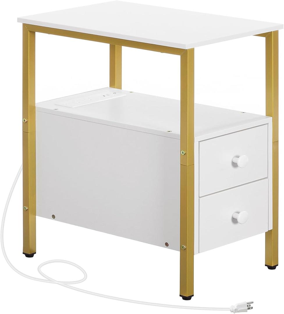 HOOBRO End Table with Charging Station, Narrow Side Table with 2 Drawer & USB Port & Power Outlets, Nightstand for Small Spaces, Stable and Sturdy, for Living Room, Bedroom, Gold and White DW541BZ01, 11.8L x 18.9W x 24H