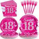 Grencian 96 Pcs 18th Birthday Party Supplies Hot Pink Sweet 18 Years Old Plates and Napkins Disposable Tableware Set Eighteen Birthday Decorations for Girls Happy 18th Birthday Party Favors Serves 24