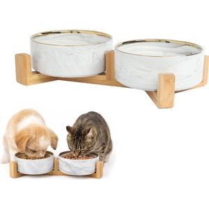 Ceramic Dog and Cat Bowl with Stand, Modern Stone-Effect Ceramic Dog Bowls with Bamboo Stand Non-Slip for Small Medium Dogs, Modern Marble Design, Dishwasher/Microwave Safe (Gray)