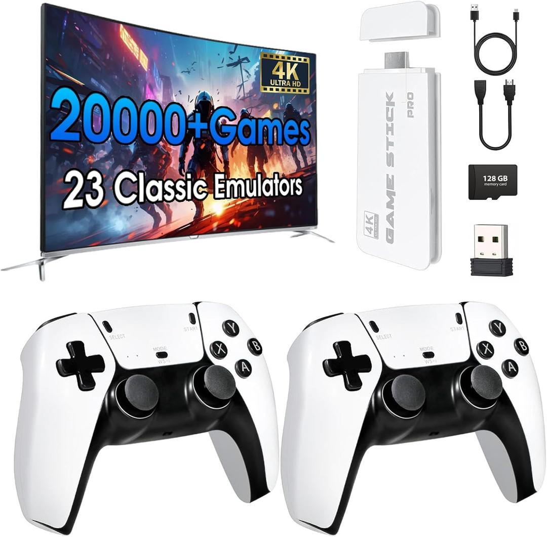 2026 New Edition Retro Wireless Gaming Console 128GB Large Storage 23 Emulators Compatible with 20,000+ Games Dual 2.4GHz Wireless Controllers 4K HD TV Gaming Stick Plug and Play