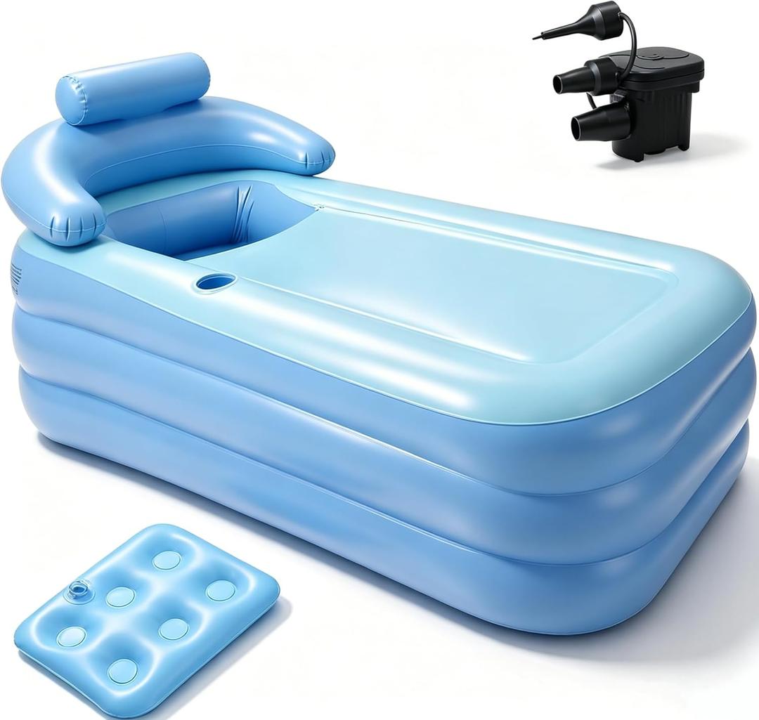 Anfrere Portable Inflatable Bathtub with Electric Air Pump, Foldable Freestanding Tub, Built-in Water Pillow & Back Support, Cup Holder, Insulated PVC, Includes Repair Patches for Indoor/Outdoor Use