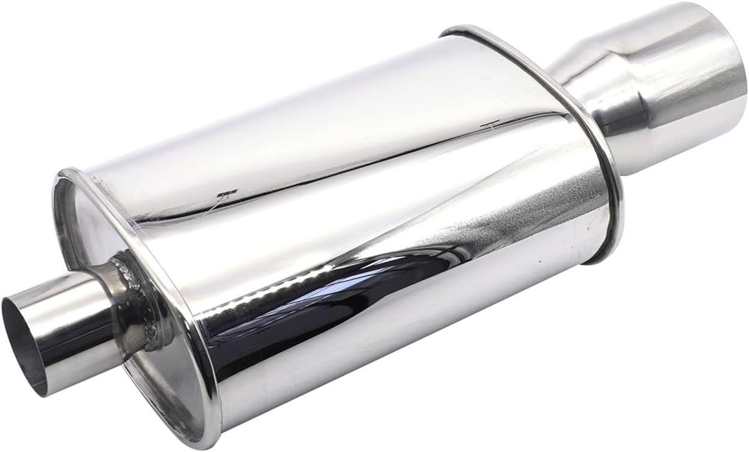 Exhaust Muffler 2.5" (63MM) Inlet / 3" (73MM) Outlet Silver Stainless Steel Car Silencer 11.8 Inch (300MM) Oval Body Length / 21.3" (540MM) Overall Length