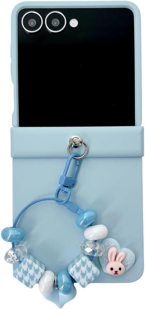 for Samsung Galaxy Z Flip 7 Case, Cute Rabbit Cartoon Pattern Flip 7 Phone Case, Fold Phone Cover for Women Ladies Girls with Bracelet (Blue)