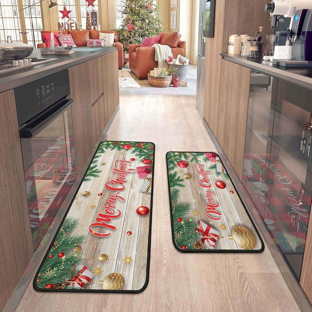 2 Pcs Christmas Kitchen Rugs and Mats for Floor Non-Slip Backing Mat Merry Christmas Kitchen Decor Anti Fatigue Kitchen Rug Sets with Runner Xmas Decor (Christmas 02, 17"x47.2"+17"x30")