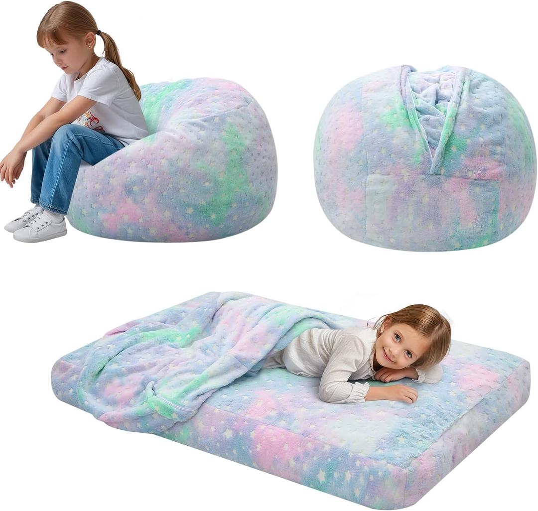 COMAX Kids Bean Bag Chair Turn into Beanbag Bed, Unicorn Toddler Bean Chair, Lazy Children Sofa Couch with Filler, Convertible Child Floor Mattress for boy, Colorful Star (29.5"Dx29.5"Wx18.5"H)