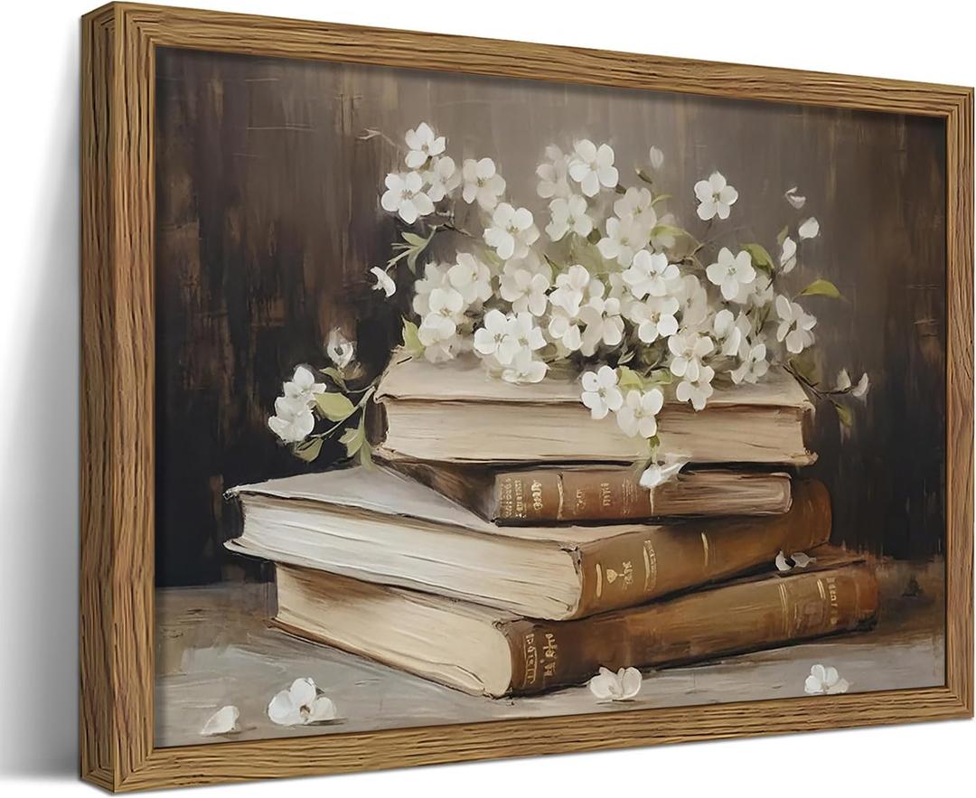 Vintage Book Wall Art, Rustic White Floral Botanical Canvas Wall Decor Paintings, Small Retro Flower Bookish Artwork Prints Pictures for Library Reading Bedroom Living Room 8x10 Inch Framed