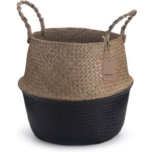Seagrass Plant Basket with Handles Natural Woven Storage Baskets (Black 9 inch D x 11 inch H)