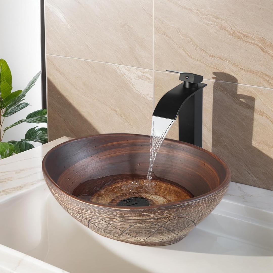 Ceramic Vessel Sink with Faucet and Drain Combo Brown Bathroom Sink Above Counter Oval Sinks Bowl, 12.6x15.75 inches