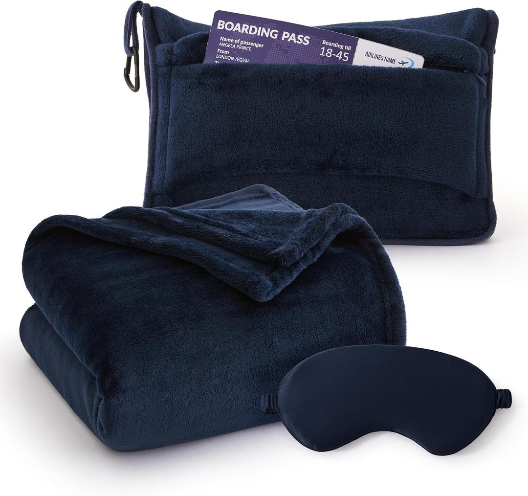 Bedsure Travel Blanket Airplane Compact with Storage Bag, Packable Blanket with Eye Mask, Lightweight 2-in-1 Travel Essentials, Functioned as Pillow for Airplane Comfort and Warmth, Navy (Throw)
