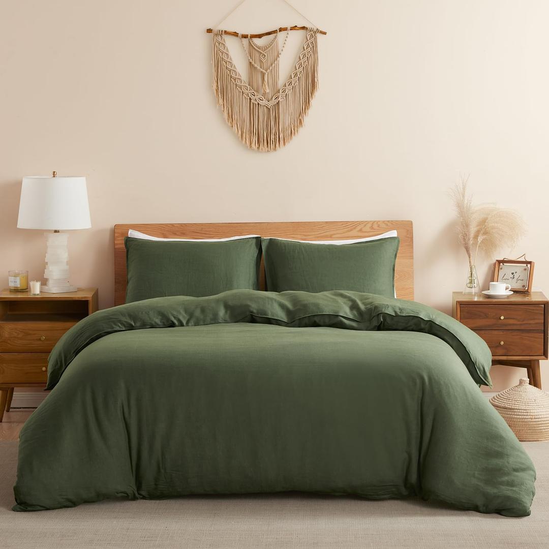 DAPU 100% Linen Olive Green Duvet Cover Set, Pure Natural French Flax Linen with Corner Ties and Zipper Closure Soft Breathable Durable for Hot Sleepers 1 Duvet Cover 2 Pillowcases (Queen)