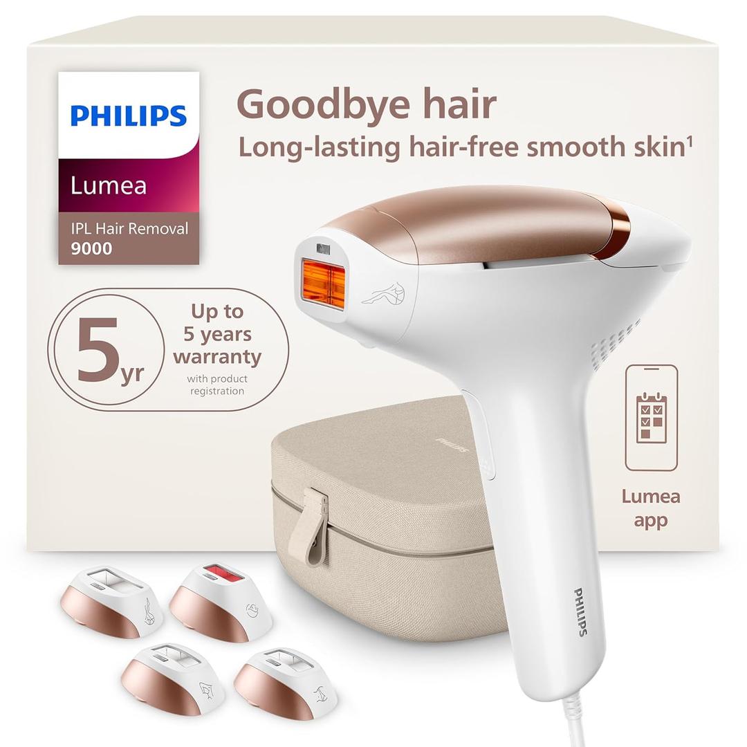 Philips Lumea 9000 Series IPL Hair Removal Device, Visible Permanent Laser Hair Reduction Done at Home, for Women & Men, SenseIQ Technology, 4 Attachments for Body, Face, Bikini & Underarms, BRI984/03