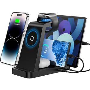 Wireless Charger for iPhone - 5 in 1 Charging Station for Multiple Devices Apple: Fast Wireless Charging Stand Dock for iPhone 17 16e 16 15 14 13 12 Pro Max Apple Watch Airpods