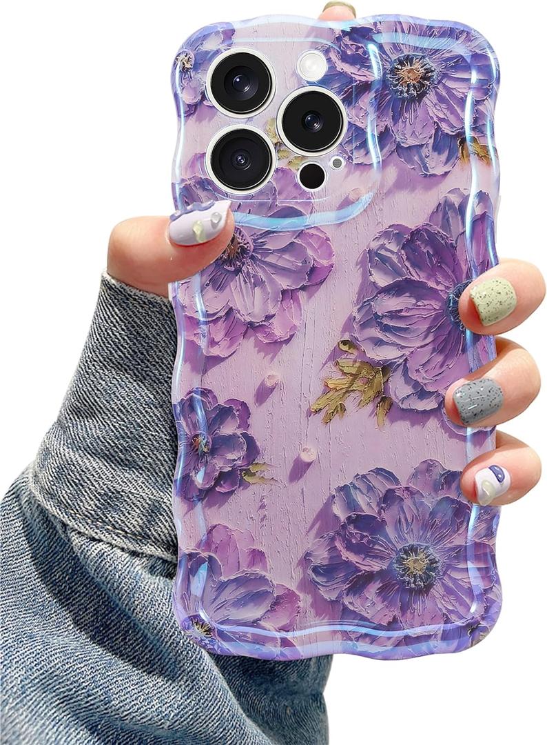 Jusy Compatible with iPhone 11 Pro Max, Colorful Retro Oil Painting Printed Flower Laser Glossy Pattern Cute Curly Wave Phone Case Soft TPU Cover for Girly Women - Purple