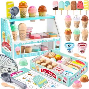 WHOHOLL Wooden Ice Cream Counter Playset for Toddler Girl Toys, Play Store Pretend Toy Food Play Kitchen Accessories with Fake Money & Coin, Christmas Birthday Gifts for 3+ Year Old Kids (Green)
