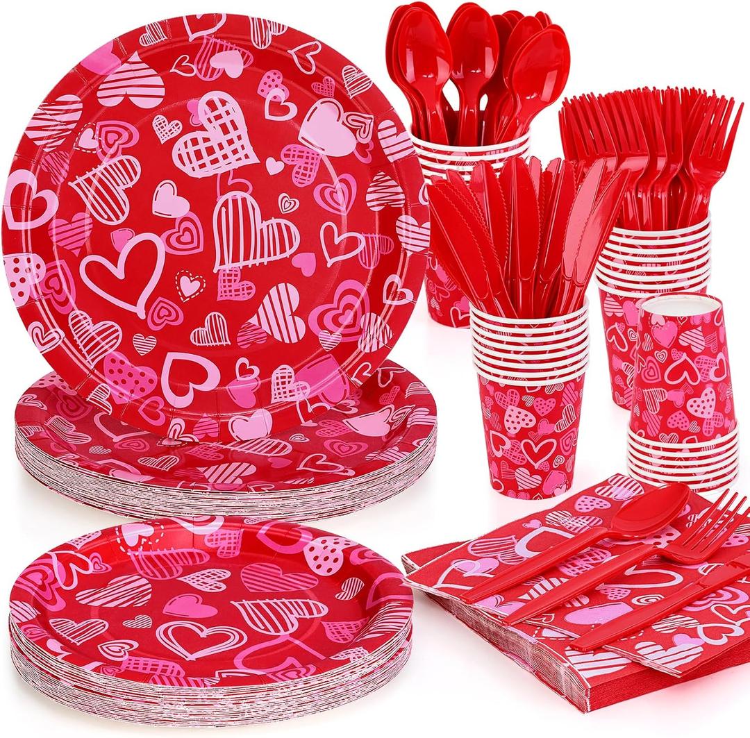 Homlouue 168PCS Valentine's Plates and Napkins, Heart Paper Plates Napkins for Birthday Anniversary Wedding Party Valentine's Day Engagement Party, Includes Plate Napkin Cups Knife Fork Spoon