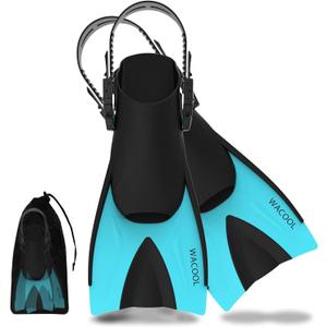 WACOOL Adult Short Light Adjustable Travel Size Fins Short Blade Fins Flippers for Snorkeling Diving Scuba Swimming Training (LakeBlue,S-M)