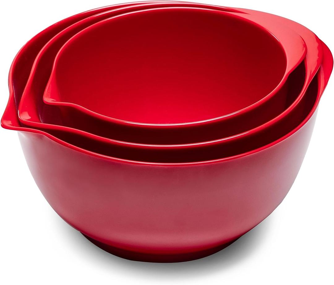 Mixing Bowls Set, 3 Piece Melamine Nesting Bowls with Pour Spout, Non-Slip Base, Great for Prepping, Baking, Mixing Cooking, BPA free and Dishwasher Safe, Red