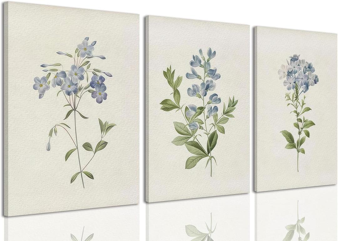 PhexlyArt 3 Piece Vintage Blue Flowers Canvas Wall Art Botanical Floral Art Minimalist Flower Pictures Wall Decor Rustic Farmhouse Botanical Art Prints for Living Room Bedroom Bathroom 12"x16"