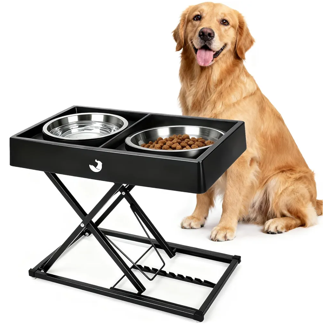 Joytale Elevated Dog Bowls for Large Breeds, Heavy Duty 9 Adjustable Height from 9" to 17.5" Metal Stand Anti-Slip, Non Spill Raised Food & Water Station with 2 Stainless Steel Food Bowls, Black