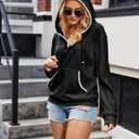 Women's Hoodies Casual Long Sleeve Hooded Sweatshirt Button Collar Drawstring Sweatshirt Pullover (Black, XL)