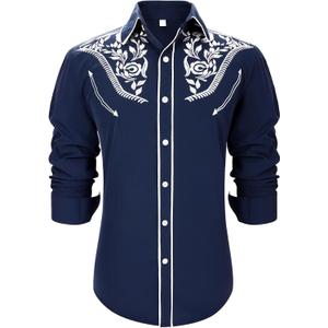Western Shirts for Men Cowboy Shirts Long Sleeve Embroidered Country Shirt Slim Fit Button Down Shirt Casual Work (Large, Blue)