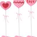 3 Pcs Valentine's Day Heart Wooden Decoration with Bow Valentines Day Heart Tiered Tray Decor Set Pink Valentines Day Decorative Signs for Wedding Party Home Tables Centerpieces Decor