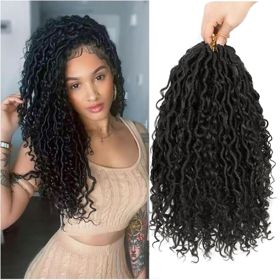 Goddess Locs Crochet Hair 16 Inch 8 Packs Boho Faux Locs Crochet Hair For Black Women Synthetic Hippie Locs Pre Looped Crochet Braids With Curly Ends (1B)