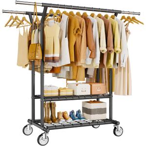 HYSEYY Heavy Duty Clothes Rack, Rolling Clothing Rack With Shelves Load 620 LBS, Double Rod Clothing Racks for Hanging Clothes, Portable& Adjustable Clothes Rack with Wheels,Black