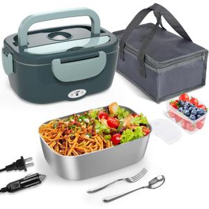 Monteka Electric Lunch Box Food Heater - Leakproof Portable Food Warmer heated lunch box for adults for Car/Home/Truck with 1.5L Removable Stainless Steel Container, White Elephant Gift, 12V/24V/110V (DarkGreen)
