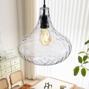 11 Inch Kitchen Island Pendant Light Blown Glass Hammered Shade & Black Finish Modern Hanging Ceiling Light for Dining Room, Sink, Hallway, Living Room E26 Base