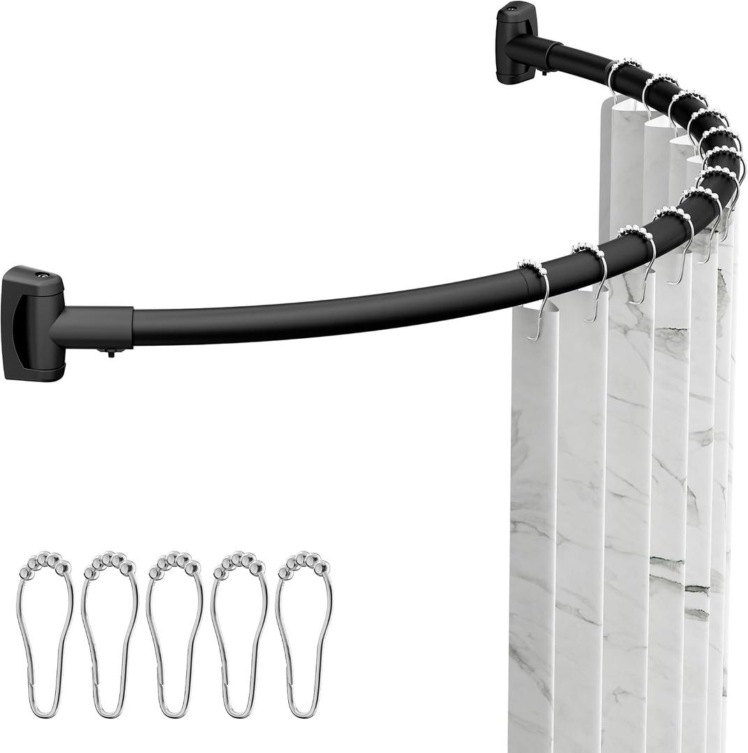 ENJOYBASICS Curved Shower Curtain Rod with Shower Rings, Adjustable Round Bathroom Rod for Extra Space, Rustproof, Need to Drill, Matte Black, 35-77 Inches