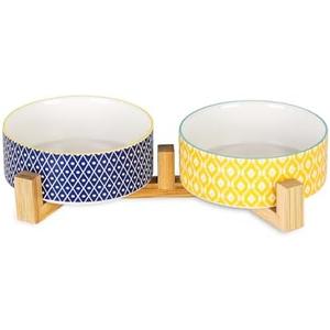 Selamica Ceramic 14 OZ Dog Bowls with Wooden Stand, Anti-Slip Cat & Small Dog Dishes Set, Weighted Pet Bowls Set of 2, Assorted Color