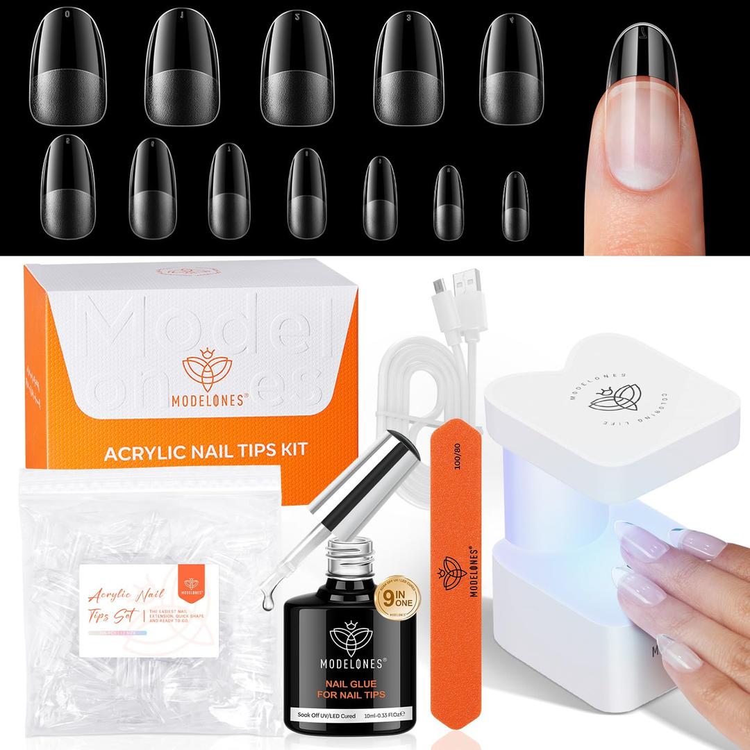 modelones X Nail Gel Kit Kit Medium Oval, 9-in-One Nail Glue with Portable U V Lamp 216Pcs 12Sizes Pre-Etched Round Press ons Fake Acrylic Extension Kit DIY Salon Gift for Women