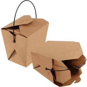 SHEUTSAN 100 Packs 26 OZ Chinese Take Out Boxes, Brown Kraft Take Out Boxes with Plastic Wire Handle, Leak and Grease Resistant Take Out Food Containers for Catering, Weddings, Party Favors, Unfolded