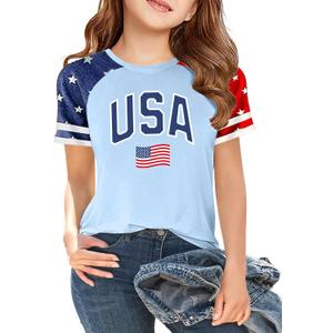 Girls 4th of July USA Shirt American Flag Patriotic T-Shirt Independence Day Outfit for Kids 5-14Years (Blue)