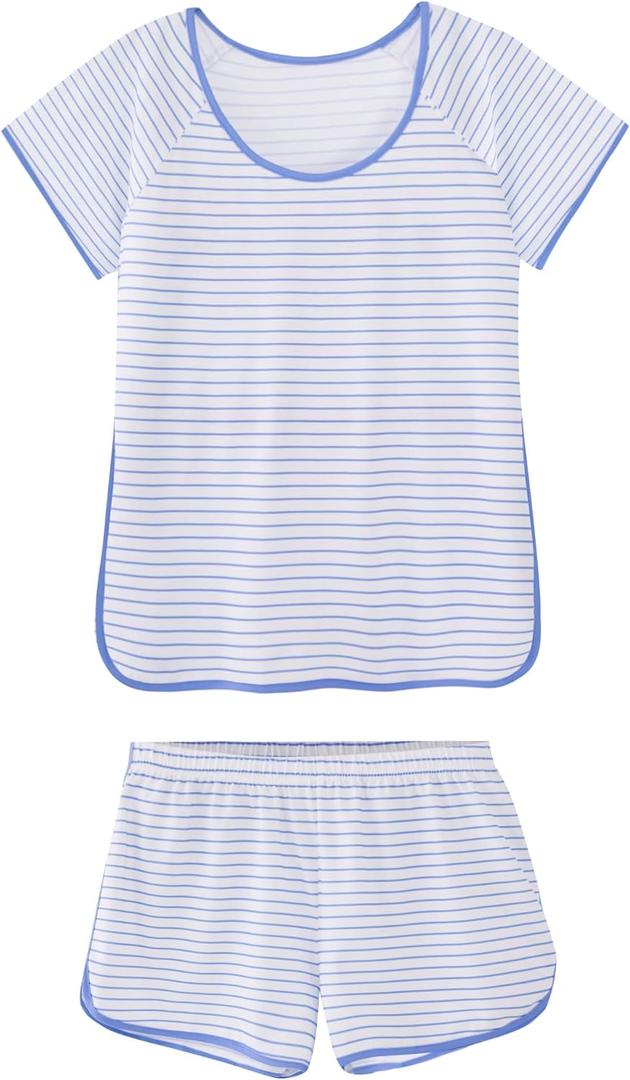 Hilinker Women Striped Pajama Set Short Sleeve Top with Shorts Sleepwear Pjs 2 Piece Lounge Sets (X-Small, Blue Wide White Stripe)